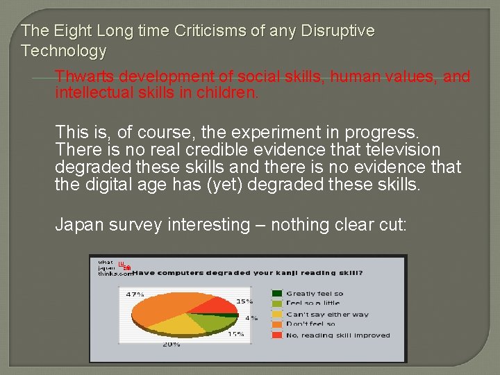 The Eight Long time Criticisms of any Disruptive Technology Thwarts development of social skills,