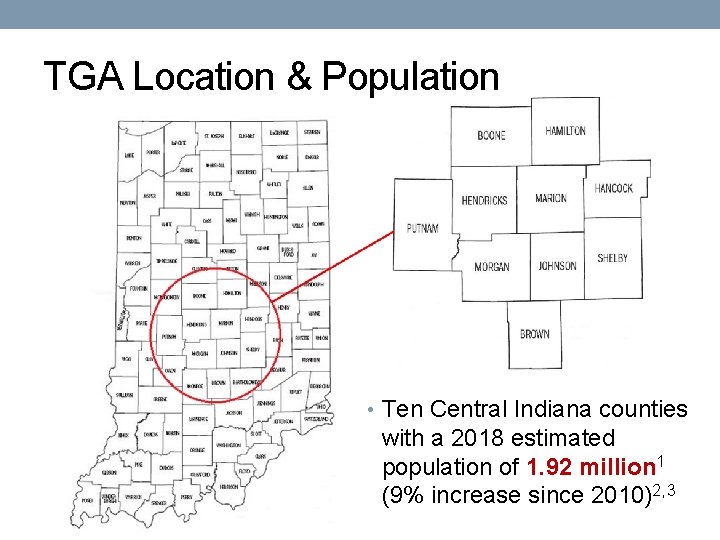 TGA Location & Population • Ten Central Indiana counties with a 2018 estimated population