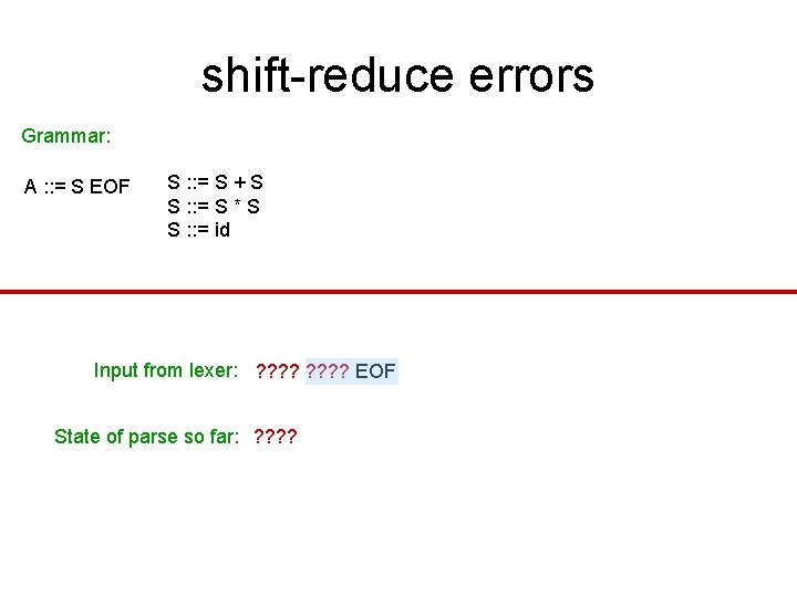 shift-reduce errors Grammar: A : : = S EOF S : : = S