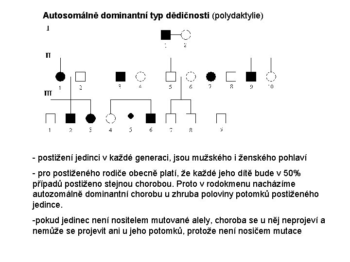 Autosomálně dominantní typ dědičnosti (polydaktylie) - postižení jedinci v každé generaci, jsou mužského i