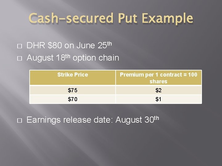 Cash-secured Put Example � � � DHR $80 on June 25 th August 18