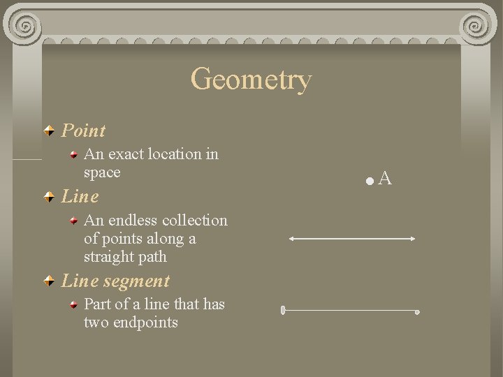 Geometry Point An exact location in space Line An endless collection of points along