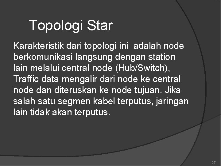 Topologi Star Karakteristik dari topologi ini adalah node berkomunikasi langsung dengan station lain melalui Topologi Star Karakteristik dari topologi ini adalah node berkomunikasi langsung dengan station lain melalui
