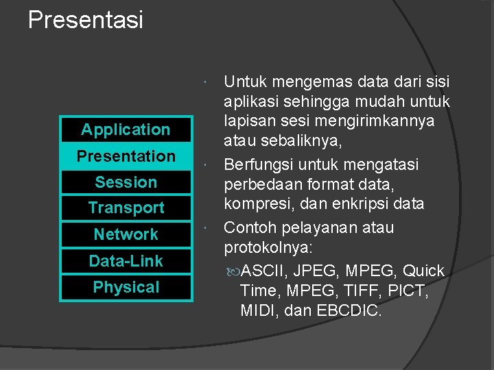 Presentasi Untuk mengemas data dari sisi aplikasi sehingga mudah untuk lapisan sesi mengirimkannya atau Presentasi Untuk mengemas data dari sisi aplikasi sehingga mudah untuk lapisan sesi mengirimkannya atau