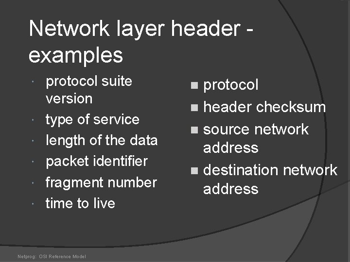 Network layer header examples protocol suite version type of service length of the data Network layer header examples protocol suite version type of service length of the data