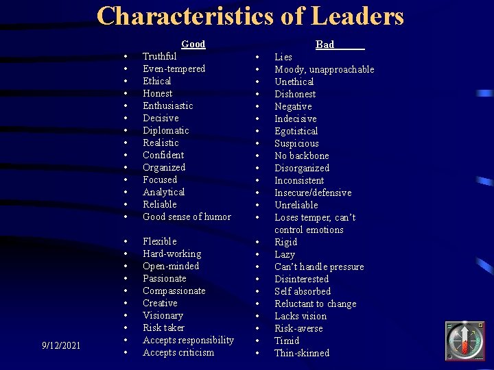 Characteristics of Leaders Bad Good 9/12/2021 • • • • Truthful Even-tempered Ethical Honest