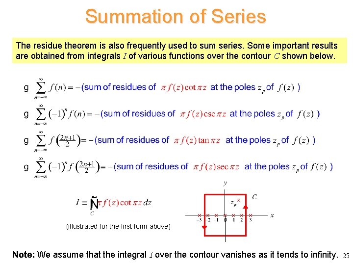 Summation of Series The residue theorem is also frequently used to sum series. Some
