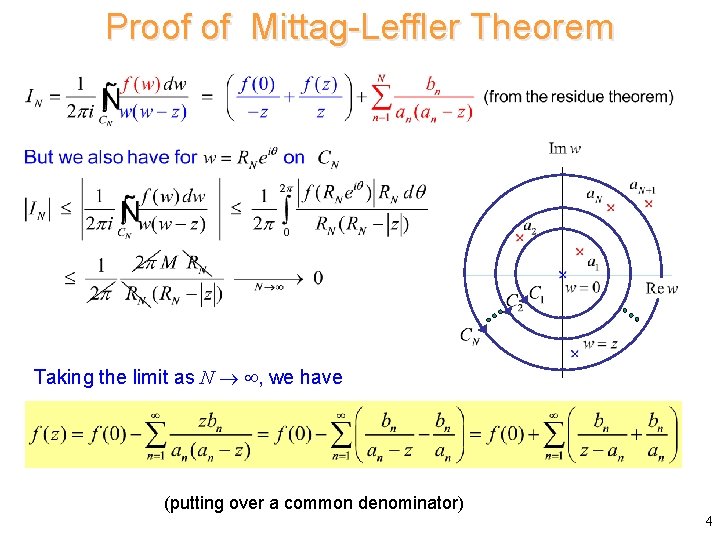 Proof of Mittag-Leffler Theorem Taking the limit as N , we have (putting over