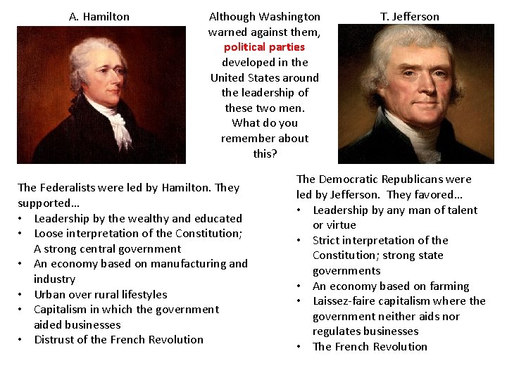 A. Hamilton Although Washington warned against them, political parties developed in the United States