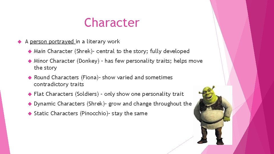 Character A person portrayed in a literary work Main Character (Shrek)– central to the