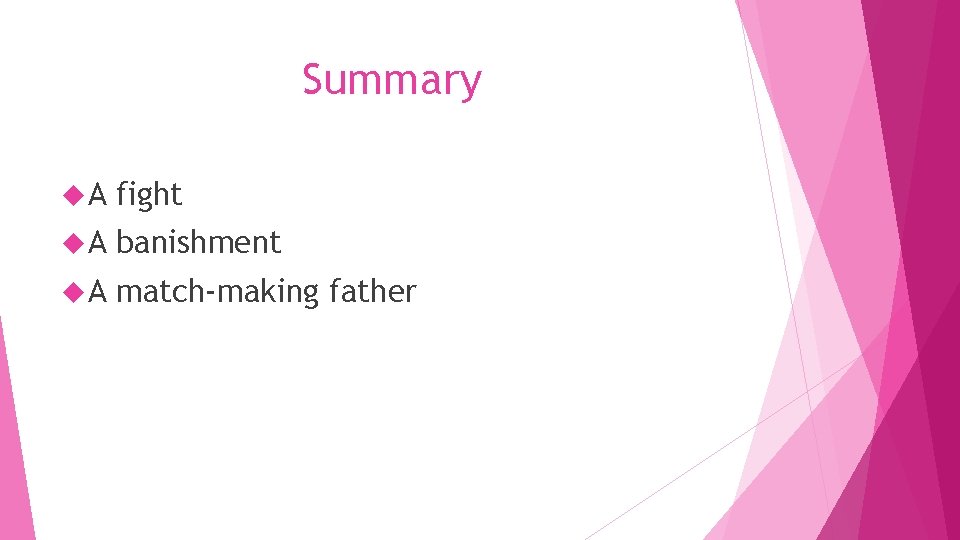 Summary A fight A banishment A match-making father 