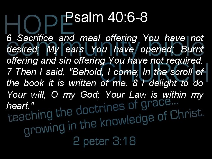 Psalm 40: 6 -8 6 Sacrifice and meal offering You have not desired; My