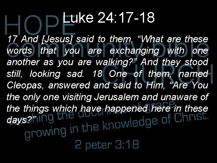 Luke 24: 17 -18 17 And [Jesus] said to them, “What are these words