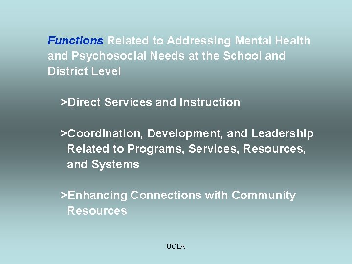 Functions Related to Addressing Mental Health and Psychosocial Needs at the School and District