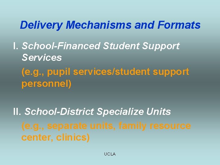 Delivery Mechanisms and Formats I. School-Financed Student Support Services (e. g. , pupil services/student
