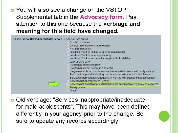  You will also see a change on the VSTOP Supplemental tab in the