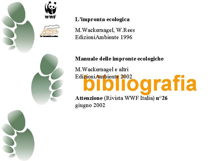L’impronta ecologica M. Wackernagel, W. Rees Edizioni. Ambiente 1996 Manuale delle impronte ecologiche M. L’impronta ecologica M. Wackernagel, W. Rees Edizioni. Ambiente 1996 Manuale delle impronte ecologiche M.