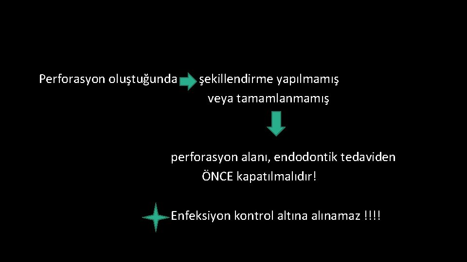 Perforasyon oluştuğunda şekillendirme yapılmamış veya tamamlanmamış perforasyon alanı, endodontik tedaviden ÖNCE kapatılmalıdır! Enfeksiyon kontrol