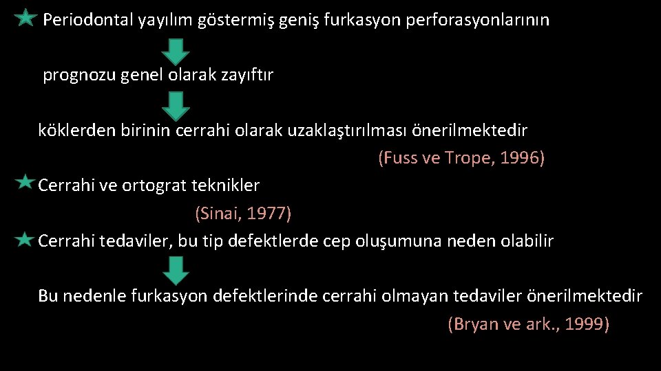 Periodontal yayılım göstermiş geniş furkasyon perforasyonlarının prognozu genel olarak zayıftır köklerden birinin cerrahi olarak