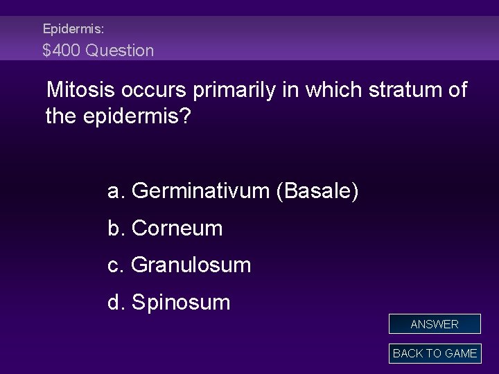 Epidermis: $400 Question Mitosis occurs primarily in which stratum of the epidermis? a. Germinativum