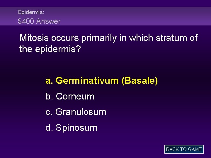 Epidermis: $400 Answer Mitosis occurs primarily in which stratum of the epidermis? a. Germinativum