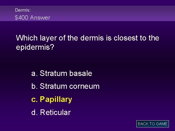 Dermis: $400 Answer Which layer of the dermis is closest to the epidermis? a.