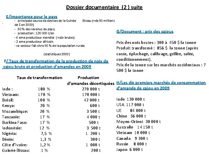 Dossier documentaire (2 ) suite E/Importance pour le pays • . - principale source