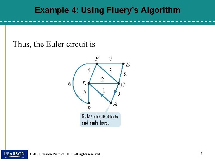 Example 4: Using Fluery’s Algorithm Thus, the Euler circuit is © 2010 Pearson Prentice