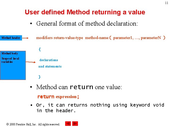 11 User defined Method returning a value • General format of method declaration: Method 11 User defined Method returning a value • General format of method declaration: Method
