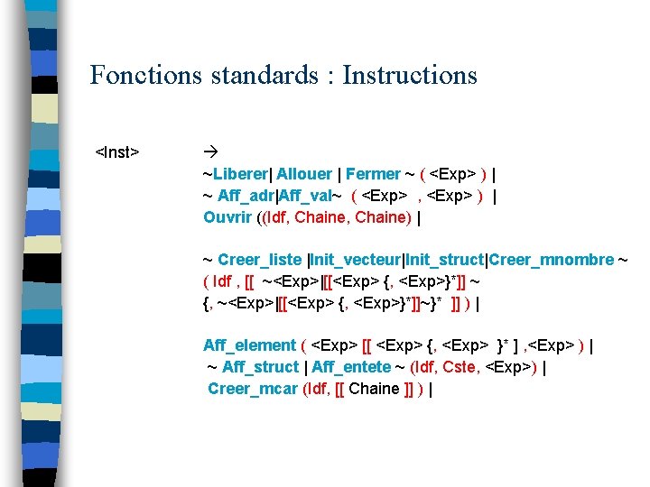 Fonctions standards : Instructions <Inst> ~Liberer| Allouer | Fermer ~ ( <Exp> ) |