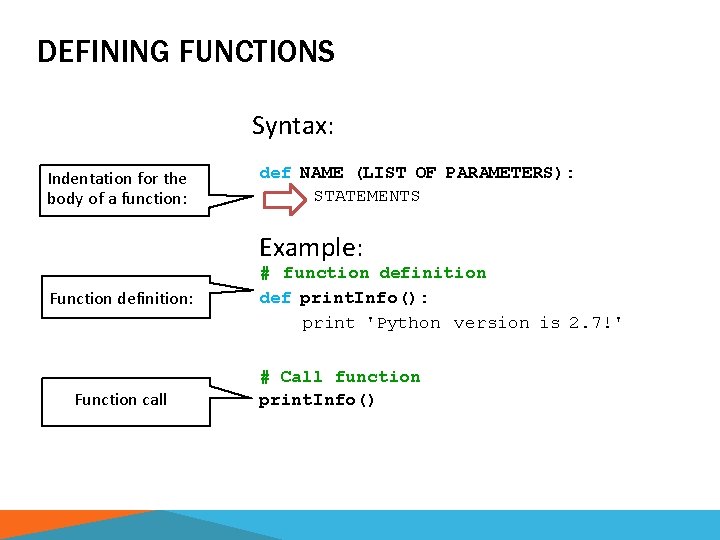 DEFINING FUNCTIONS Syntax: Indentation for the body of a function: def NAME (LIST OF