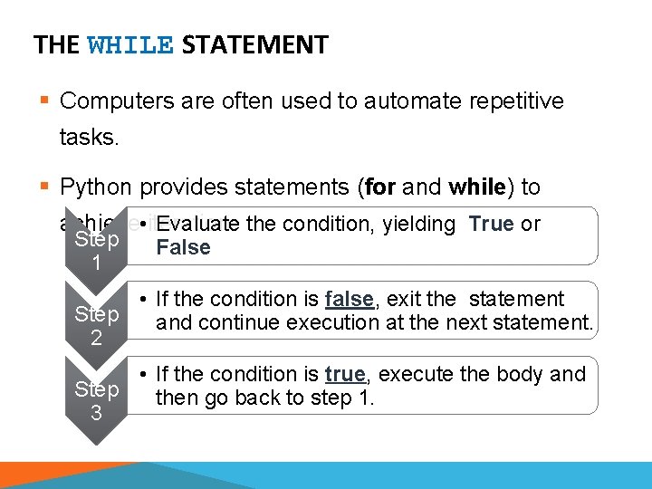 THE WHILE STATEMENT § Computers are often used to automate repetitive tasks. § Python