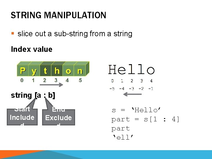 STRING MANIPULATION § slice out a sub-string from a string Index value string [a