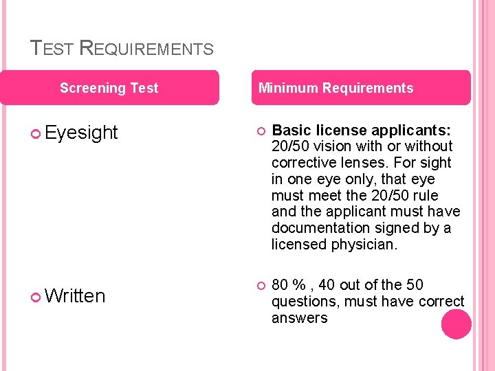 TEST REQUIREMENTS Screening Test Minimum Requirements Eyesight Basic license applicants: 20/50 vision with or