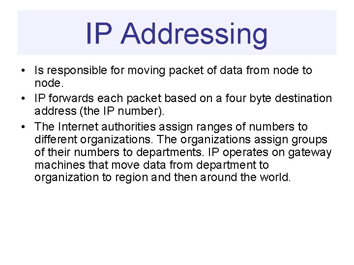 IP Addressing • Is responsible for moving packet of data from node to node.