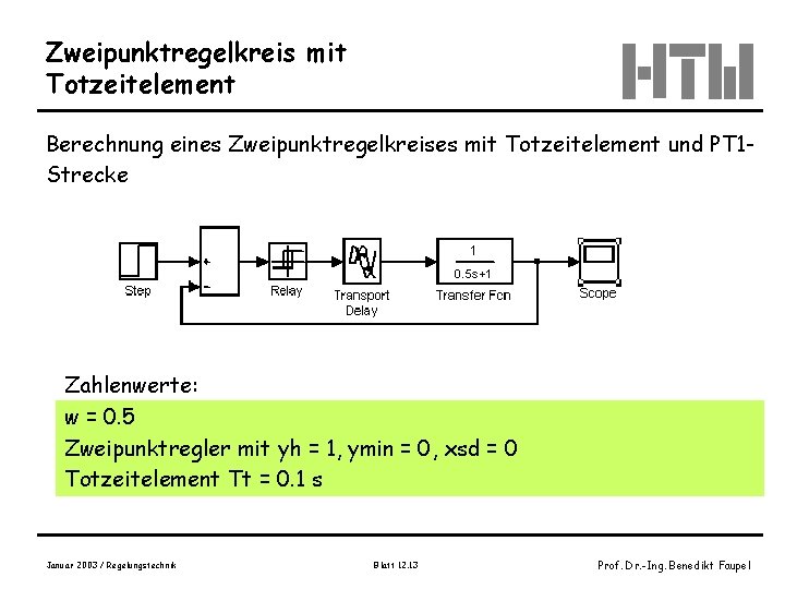 Zweipunktregelkreis mit Totzeitelement Berechnung eines Zweipunktregelkreises mit Totzeitelement und PT 1 Strecke Zahlenwerte: w