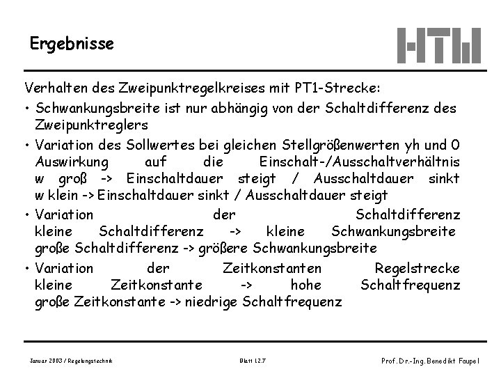 Ergebnisse Verhalten des Zweipunktregelkreises mit PT 1 -Strecke: • Schwankungsbreite ist nur abhängig von