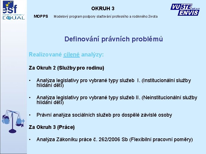 OKRUH 3 MOPPS Modelový program podpory slaďování profesního a rodinného života Definování právních problémů