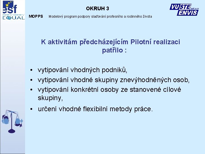 OKRUH 3 MOPPS Modelový program podpory slaďování profesního a rodinného života K aktivitám předcházejícím