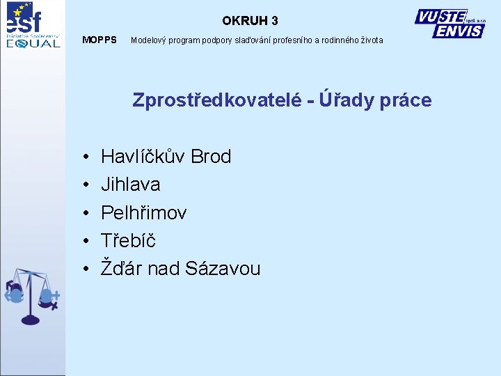 OKRUH 3 MOPPS Modelový program podpory slaďování profesního a rodinného života Zprostředkovatelé - Úřady