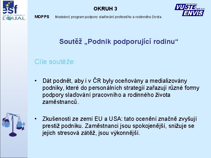 OKRUH 3 MOPPS Modelový program podpory slaďování profesního a rodinného života Soutěž „Podnik podporující