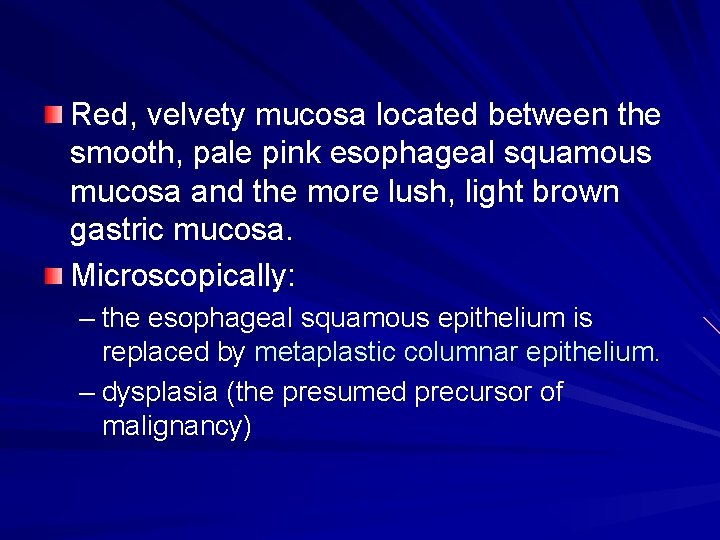 Red, velvety mucosa located between the smooth, pale pink esophageal squamous mucosa and the