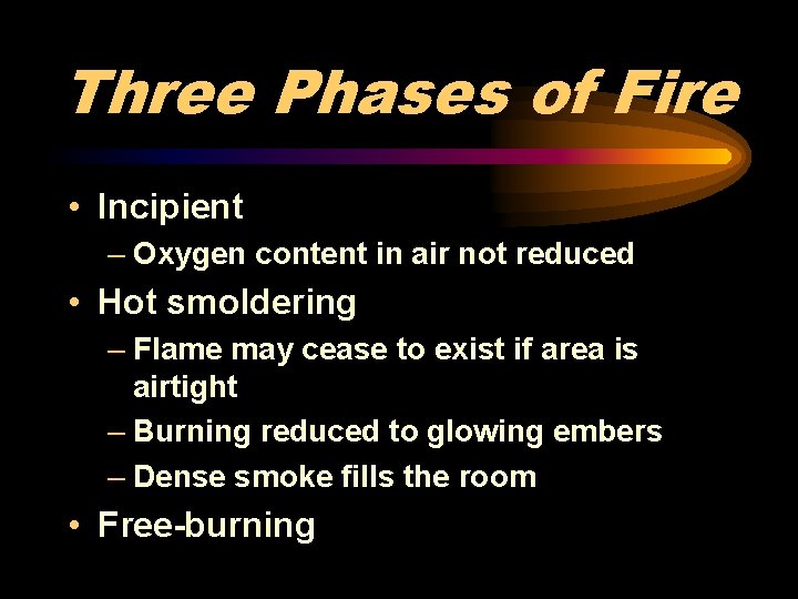 Three Phases of Fire • Incipient – Oxygen content in air not reduced •