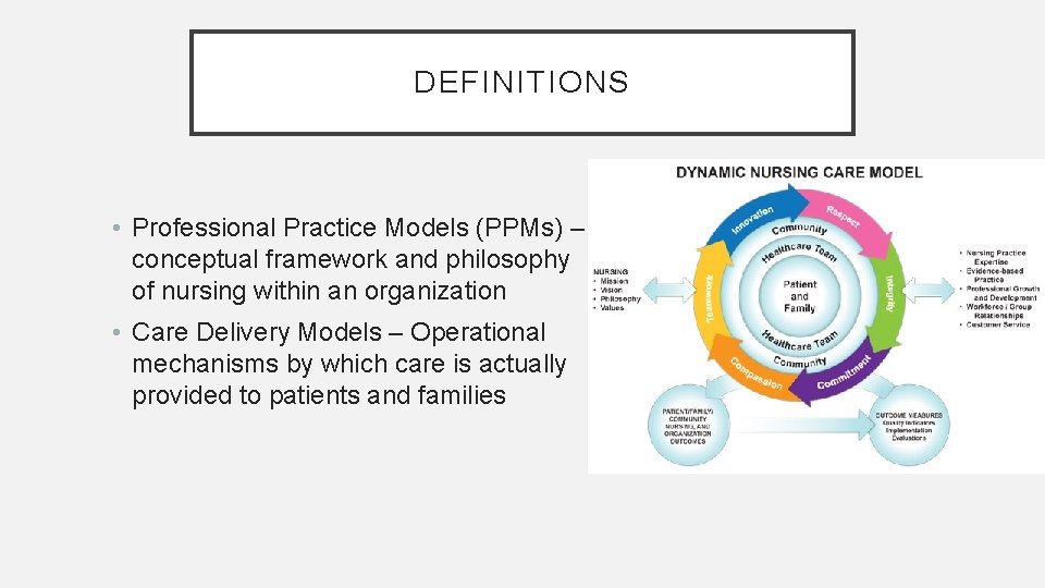 DEFINITIONS • Professional Practice Models (PPMs) – conceptual framework and philosophy of nursing within