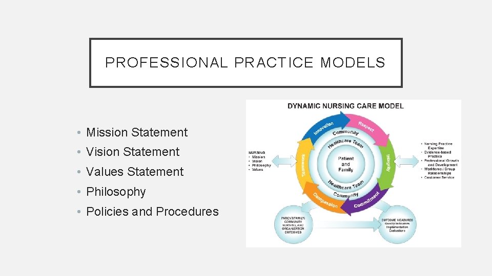 PROFESSIONAL PRACTICE MODELS • Mission Statement • Vision Statement • Values Statement • Philosophy