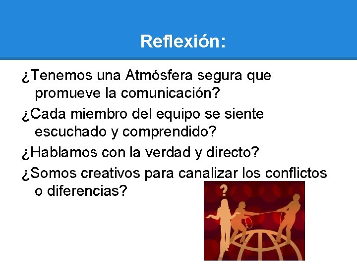 Reflexión: ¿Tenemos una Atmósfera segura que promueve la comunicación? ¿Cada miembro del equipo se