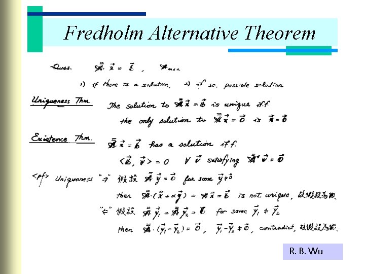 Fredholm Alternative Theorem R. B. Wu 