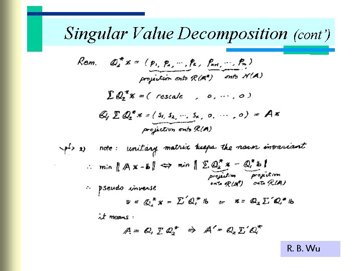 Singular Value Decomposition (cont’) R. B. Wu 