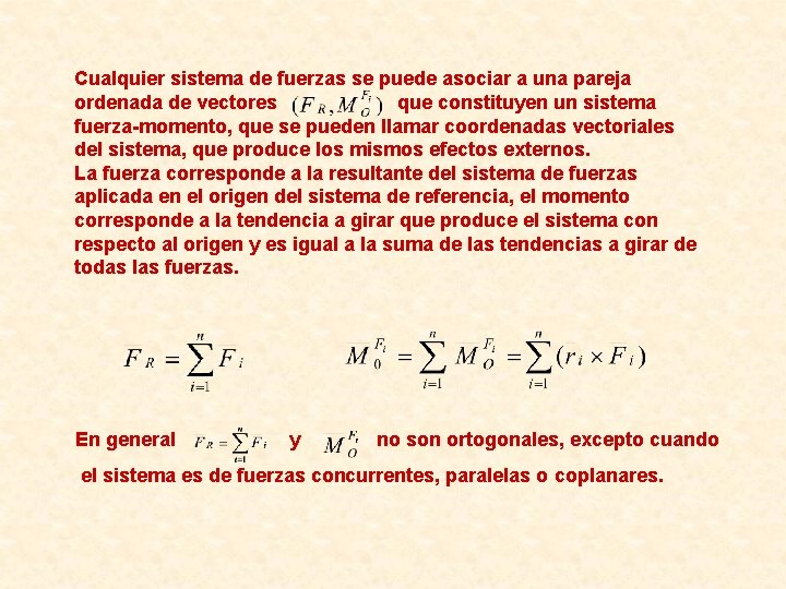 Cualquier sistema de fuerzas se puede asociar a una pareja ordenada de vectores que