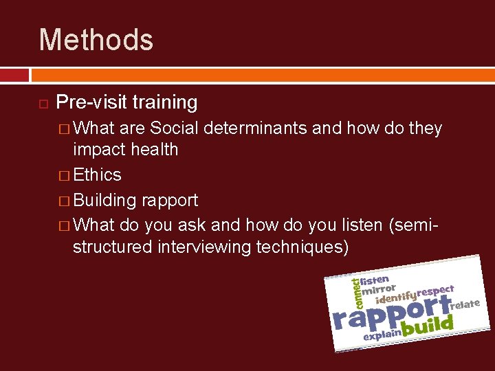 Methods Pre-visit training � What are Social determinants and how do they impact health